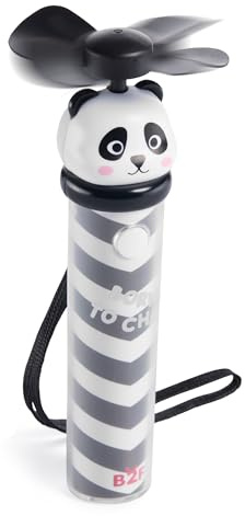 Back2Fun - Mini Ventilador Portátil de Mano con 3 Velocidades, Batería Recargable USB-C con hasta 2 Horas de Autonomía, Aspas Seguras y Asa de Tela para Colgar, Tamaño Ø22x130 mm, Diseño Panda