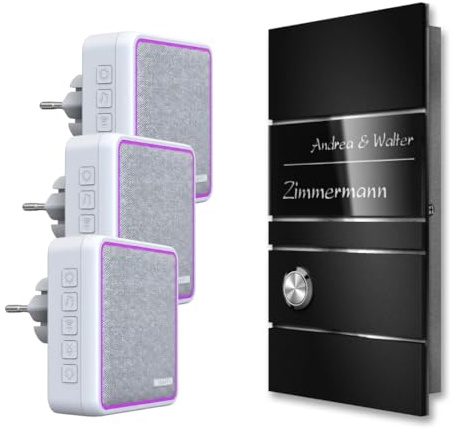 Metzler Kabellose Funkklingel aus Edelstahl. Türklingel mit Batterie - bis zu 200 Meter Reichweite. Inklusive Namens-Gravur. Größe: 11 x 20 cm zur Aufputz-Montage (3 x Empfänger)