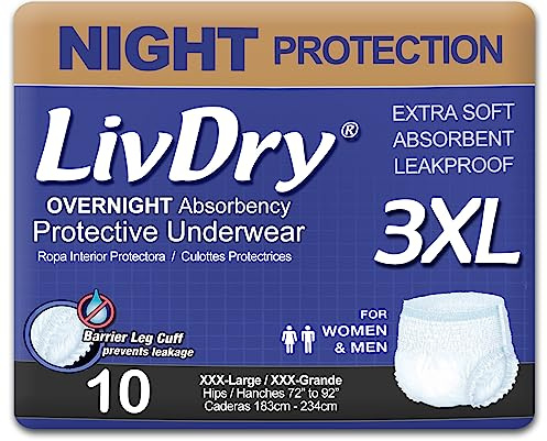 LivDry 3XL Overnight Adult Diapers for Women and Men, XXXL Incontinence Underwear, 72”-92 Waist, Disposable Pull-On Briefs, XXX-Large, 10 Count