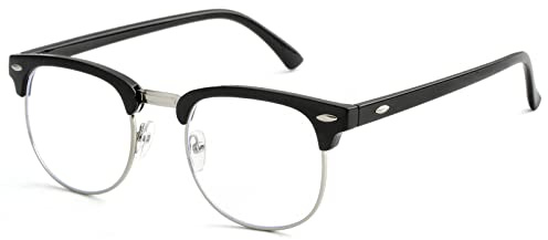 Blue Light Blocking Glasses for Women Men Classic Semi Rimless Fake Nerd Anti Blue Ray Computer Eyeglasses (Bright Black/Silver)