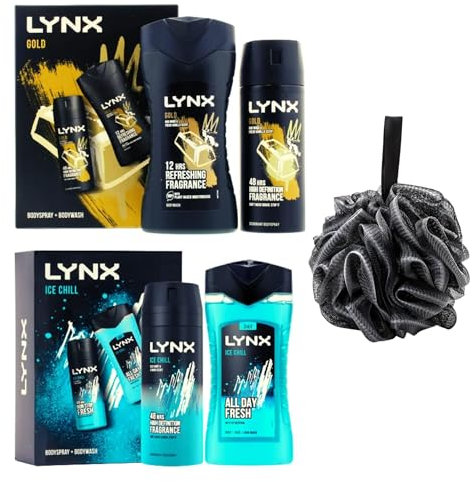 Lynx Gold Duo Gift Set for Men Oud Wood and Dark Vanilla 2PC (225ml Shower Gel & 150ml Body Spray) + Lynx Ice Chill Duo Gift Set 2PC (250ML Shower Gel & 150ml Body Spray), Valentine's Gift for Him.