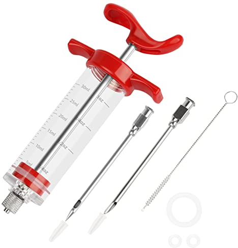 Plastic Meat Injector Syringe Kit, 1-oz Food Seasoning Syringe with 2 Stainless Steel Needles,1 Needles Cleaner and 3 Spare O-Rings for Meats, Turkey, Brisket