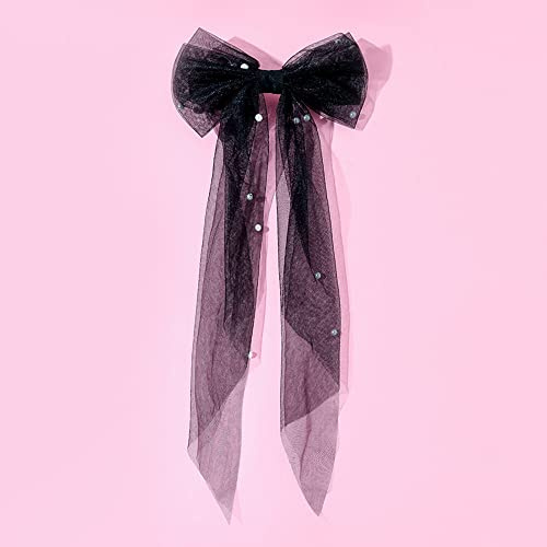 Duories Elegante Lange Tüll Streamer Pearl Bow Haarspange Haarnadelschleife Haarklammer,Große Haarschleifen Clip Haar-Accessoires Haarschmuck Haarclip für Frauen und Mädchen Dickes Haar, Schwarz