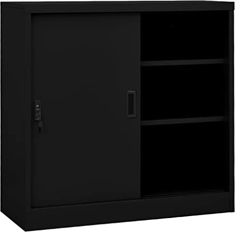 Büroschrank mit Schiebetür,Freistehender Büroschrank Aktenschrank Metallschrank Lagerschrank Materialschrank,für Unternehmen,Büro,Schule,Schwarz 90x40x90 cm Stahl(Einfacher Zusammenbau)
