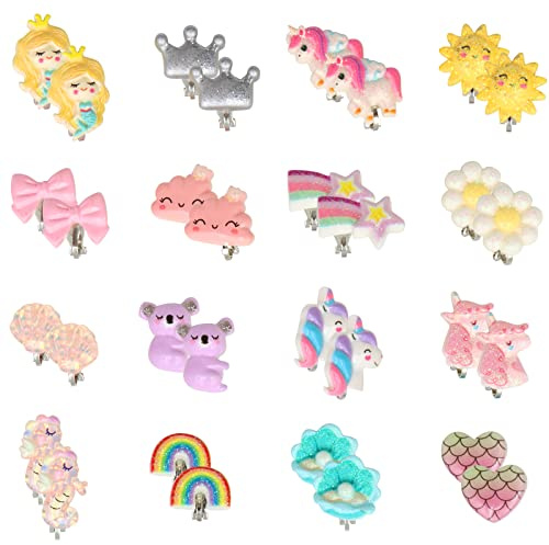 16 Pairs Kids Clip On Earrings for Girls, VEGCOO Cute Clip On Earring Princess Play Earring Jewelry Dress Up Ear Rings, Clip-on Earrings Set for Kids Girls Birthday Gifts