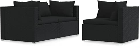 vidaXL Gartenmöbel 3-TLG. mit Auflagen Sofa Lounge Sitzgruppe Gartenset Gartensofa Garten Garnitur Ecksofa Sitzgarnitur Schwarz Poly Rattan