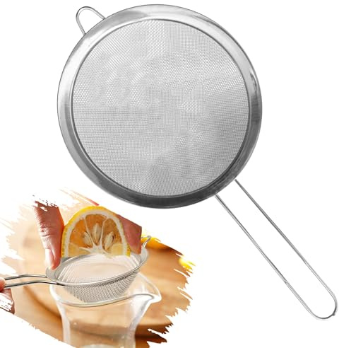 Food Strainers Fine Mesh Sieve with Long Handle Kitchen Colander Filter No Sharp Edges for Tea Coffee Flour and Powder (18cm Stainless Steel Strainer)