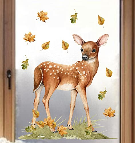wolga-kreativ Fenstersticker Fensterbilder Glasdekorfolie Motiv Fensterfolie Fenstertattoo Herbst Waldtiere REH Rehkitz Blätter Aufkleber Sticker