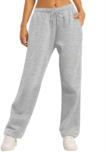 AUTOMET Women's Wide Leg Sweatpants Fleece Lined Baggy Straight Leg Lounge Pants Fall Outfits Athletic Joggers with Pockets Grey S
