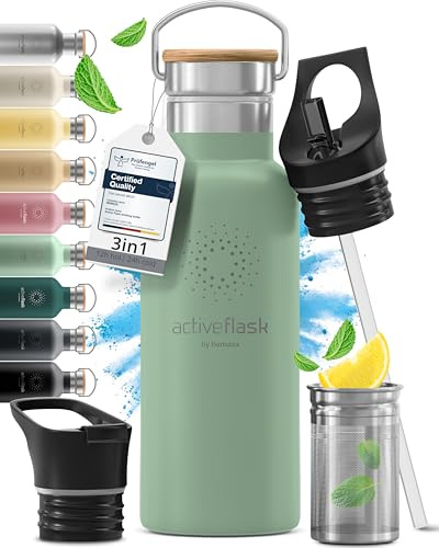 Botella de Agua Térmica ACTIVE FLASK + Pajita (3 Tapones) sin BPA - 1l & 500ml | Frasco Termo de Acero Inoxidable + Aislamiento Vacío | Cantimplora Aislada Bicicleta Deporte Caliente Fría Café Té