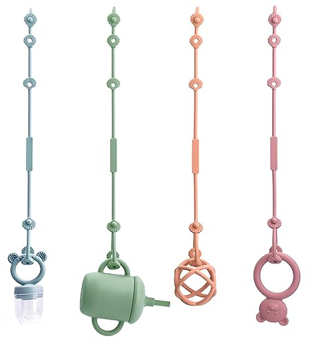 CLDY Baby Cup Catcher de Silicona, Pack de 4 soportes de silicona para tetinas, Cadena para chupete sin BPA, Porta juguetes ajustable para bebés, aptos para biberones, cochecitos, tronas y cunas