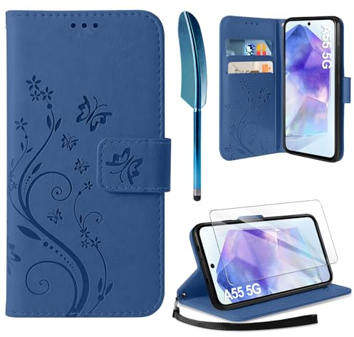 AROYI Lederhülle Kompatibel mit Samsung Galaxy A55 5G Hülle und Schutzfolie,Wallet Handyhülle Leder Tasche Kartensteckplätzen Schutzhülle Kompatibel mit Samsung Galaxy A55 5G Dunkel Blau