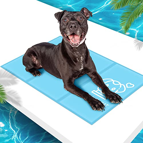 Pawtasy Kühlmatte für Hund, Kühldecke Hunde, Kühlkissen mit Ungiftiges Gel für Große Mittelgroße Haustiere, Hundekühlmatte Selbstkühlend, Hundedecke Kühl Kühlende Hundematte - XL 100 x 60 cm, Blau