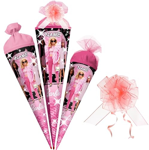 Schultüte - Barbie - 35-85 cm - Größe wählbar - Holzspitze wählbar - inkl. Name + Tüll Schleife - Zuckertüte - Tüll - oder Filzabschluß - eckig/rund - kle..