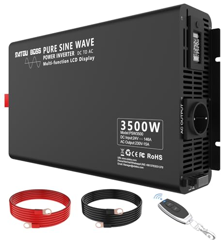 DATOUBOSS Inverter 24v 220v/230v Onda Pura 3500w/7000w, Power Inverter Onda Sinusoidale Pura, Convertitore 24v 220v, con Presa EU, Telecomando e Display LCD, per Casa, Camper, Camion, Marina