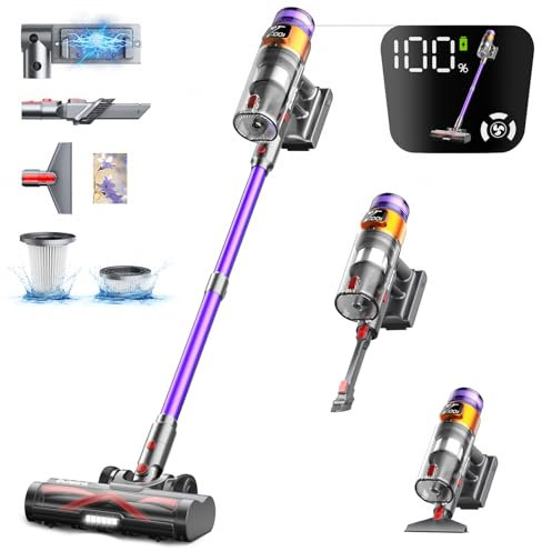 Bulelink Akku Staubsauger 45KPA/550W/70Mins, Staubsauger Kabellos mit OLED Smart Screen und Kombination von Weichen und Harten Borsten Bodenbürste, Wandmontage Wiederaufladbare 1.8L Akkustaubsauger