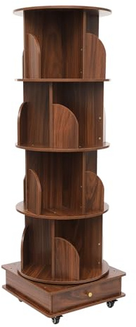 banborba 360 Grad Drehbares Bücherregal, 4 Ebenen 16 Fächer Standregal, Mehrstöckiges bücherschrank, bücher Regal mit Rädern, Massivholz, 46 x 46 x 142cm (Nuss-braun)