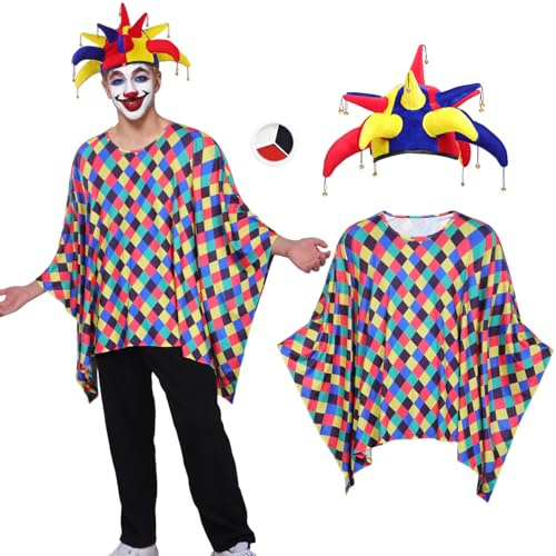 HarnyLoom Disfraz Payaso Adultos Capa de Payaso para Hombre Mujer Circo Multicolor Disfraces Sombrero Fiesta Carnaval Halloween Cosplay