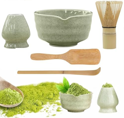 Juego de matcha, juego de agitador matcha, cuenco de matcha con boquilla, agitador de matcha de bambú y soporte, cuchara de matcha de bambú, cucharadita, escoba matcha, juego de 5 accesorios japoneses