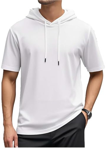 UHouse T Shirt Herren mit Kapuze Sommer Kurzarm Hoodie Baumwolle Sport Tshirt Gym Kapuzenshirt Leichte Kurzarmshirt Große Größen T-Shirts Stretch Sportshirt Weiß XL