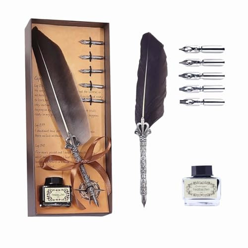 LNGJIN Schreibfeder Kalligraphie,Antiken Feder Kalligraphie Stift,Handgemachte Feder Kalligraphie,Handgemachte Dip Pen Mit schwarzer Tinte und Sockel,Zum Schreiben, Unterschreiben, Verschenken