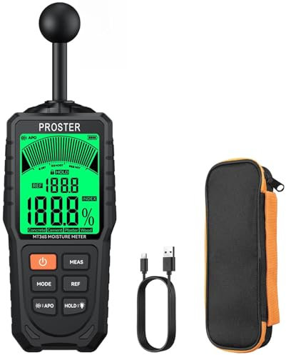 Proster Pinless Moisture Meter with Tri-Colour Display - Rechargeable Damp Meter for Walls with Visual & Sound Alerts, Moisture Detector for Index, Concrete, Cement, Plaster, Wood Detects up to 40mm