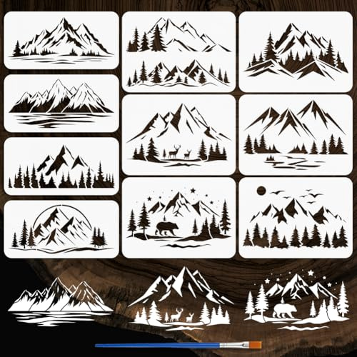 FINGERINSPIRE 10 Stück Malschablone Mit Pinsel A4/15x30cm Für Berge Wälder Hirsche Und Bären Muster Zeichenvorlage Mondnacht Sterne Sonnenuntergang Schablone Zum Malen Auf Holz Wänden Stoffen Möbeln