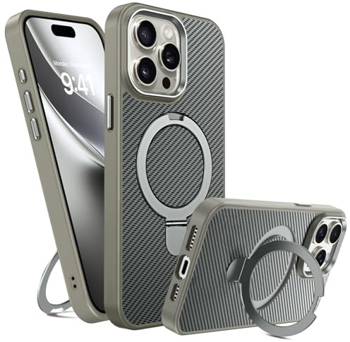 GUAGUA Magnetisch Handyhülle für iPhone 15 Pro Max Hülle [Kompatibel mit MagSafe] mit Ring Ständer Carbon Fiber Muster Stoßfest Schutzhülle Case für iPhone 15 Pro Max (6,7'') Titan Natur/Grau