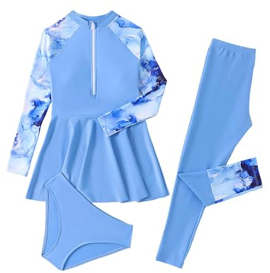 Islamic Muslim Swimwear for Girls Burkini Long Sleeve Rash Guard Swimming Top with Pants and Bikini Shorts 3pcs Tankinis Swimsuit Kids Modest Bathing Suit