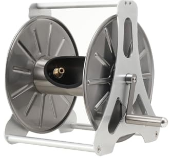 TABODD 1/2IN Stainless Steel Garden Hose Reel, Wall/Floor Mounted Garden Hose Holder Kit 50M Capacity Water Hose Storage Rack with 360° Rotatable Handle for Home Garden Lawn