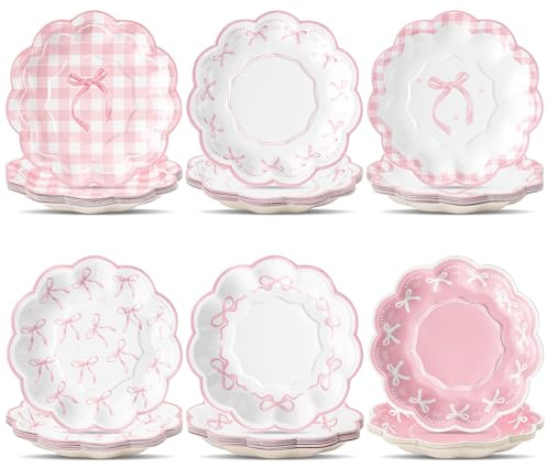 R HORSE Pink Bow Paper Plates - 60pcs 7 Disposable Flower Food Serving Plates Decorative Dinner Table Plates for Birthday Party