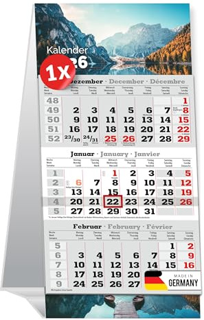 PRIMUS PRINT Tischaufstellkalender 2026-3 Monatskalender zum Aufstellen - Tischkalender, Schreibtischkalender, Stehkalender - 95x194mm, 70g Naturpapier, Inklusive Datumsschieber [Einzeln - Wildsee]