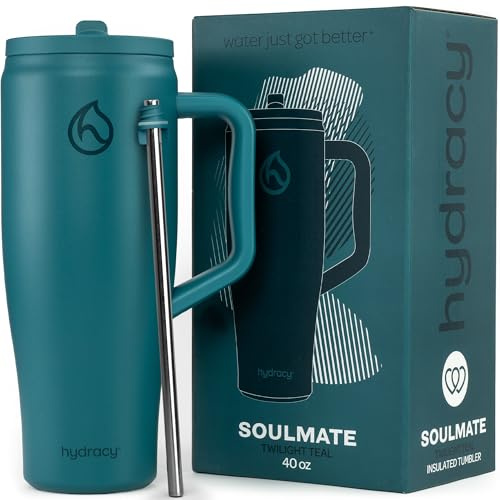 Hydracy Soulmate Vaso térmico con asa y pajita, a prueba de fugas 1,18L | Taza de viaje de acero inoxidable,tapa abatible sin BPA,apta para lavavajillas,compatible con portavasos