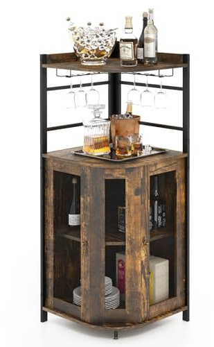 FANTASK Barschrank Industrial, Eckschrank Holz mit Glashalter, Weinschrank Barwinkel für Küche, Wohnzimmer, Esszimmer, 46 x 46 x 130 cm (Dunkelbraun), Rustikales Braun