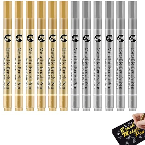 Hyleon 12Pcs Acrylic Paint Pens, 6Pcs Gold & 6Pcs Silver Pen Metallic, Metallic Marker Pens for Crafts, Scrapbooking, Rock Painting, Cards, Fabric, Glass, Wood & Ceramic, DIY Crafts