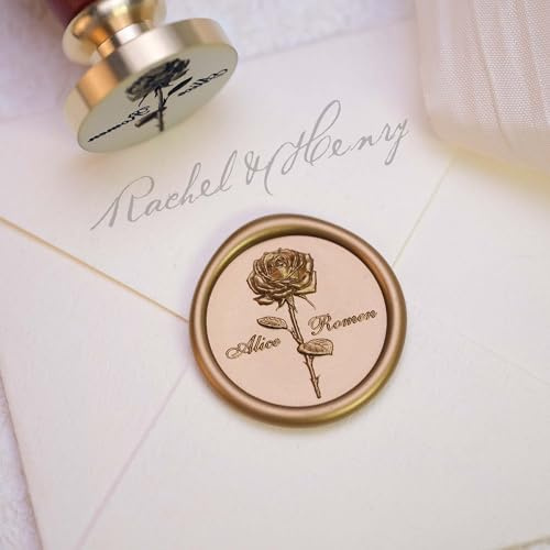 Personalisierter Siegelstempel, 3D Rosenmotiv mit Tiefgravur Messin | 3D Rosen Siegelstempel aus Messing mit Namenspersonalisierung für Hochzeitseinladungen, Briefe und Geschenke