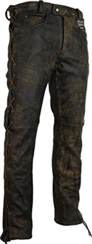 MDM läderbyxor med snörning på sidorna i bruna bikerjeans läderjeans rockerbyxor västerländska läderbyxor, BRUN, 38W