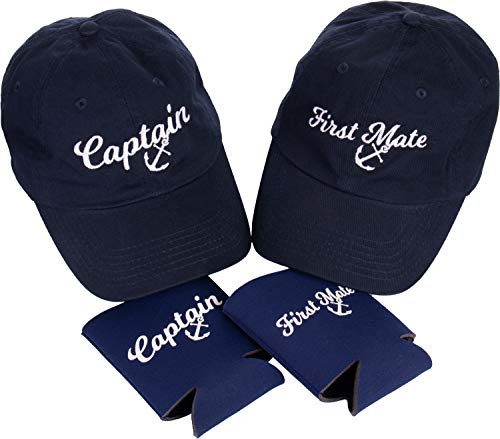 Captain Hat & First Mate | Matching Skipper Boating Baseball Caps & Beer Holders Navy