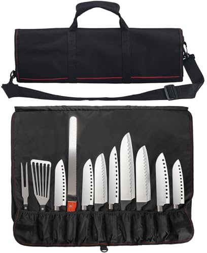 Tosnail Chef Knife Roll Bag, Heavy Duty Knife Bag with 21 Slots & 1 Large Zipper Pocket, Easy Carry Handle and Shoulder Strap, Multi-Function Knives Case for Traveling Camping Hiking