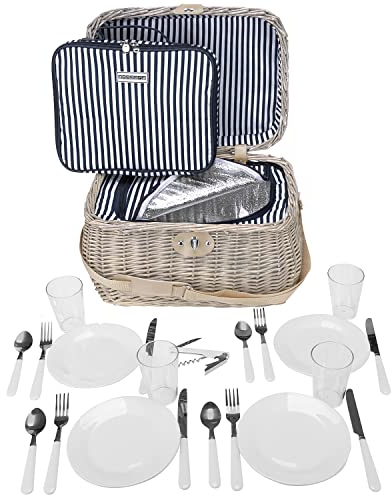 anndora Picknickkorb Shabby helle Natur Weide - mit Isolierfach herausnehmbar blau gestreift - inkl. Zubehör 21 Teile - 4 Personen - Tragegurt