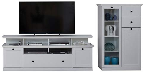 trendteam smart living - Baxter - Anbauwand - Weiß - Vitrine und TV-Unterteil inkl. Aufsatz - (BxHxT) 273 x 129 x 41 cm - Vitrine mit Glastüren, Sockel | B 273 x H 129 x T 41 cm · Vollauszug · für TVs bis 65 Zoll · Metallgriffe · optional mit LED-Beleuchtung