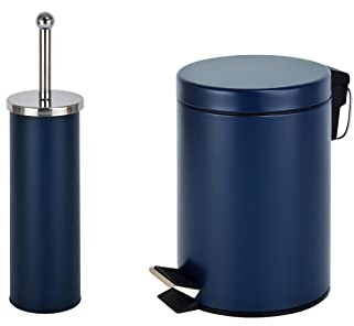 iTrend 3L Pedal Dustbin and Toilet Brush with Holder set - Bathroom Accessory - Powder Coated Steel Bin with lid - Toilet Brush with Stainless Steel Handle, Round Lid and Dense Bristles - Blue