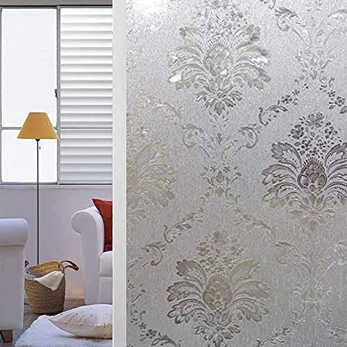 Shackcom Fensterfolie Sichtschutz Selbsthaftend 90x400cm Blickdicht Milchglasfolie Sichtschutzfolie Statisch Haftend Anti-UV Dekorfolie mit Damaskus Blumen Muster für Küche Wohnzimme Badezimmer-J023