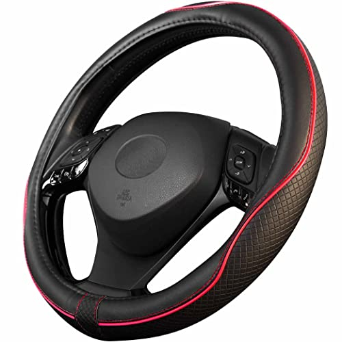 Upgrade4cars Steering Wheel Cover Red Black Leather Look | Universal Fit 14,5-15 Inch | Car Accessories Interior