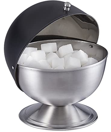 Relaxdays Azucarero con Tapa, Redondo, Acero Inoxidable, Terrones de Azúcar o Chuches, 15,5 x 14 cm, Negro y Plateado