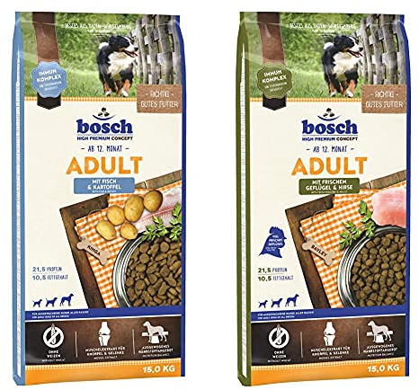 bosch HPC Adult mit Fisch & Kartoffel | Hundetrockenfutter für ausgewachsene Hunde aller Rassen | 1 x 15 kg & HPC Adult mit frischem Geflügel & Hirse | 1 x 15 kg