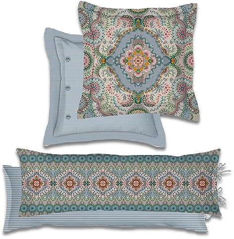Pip Studio Dekokissen Majorelle Carpet Blue Blau Blumen Blüten Wendeoptik Geblümt Streifen Gestreift Perkal Zierkissen, Größe:30 x 90 cm
