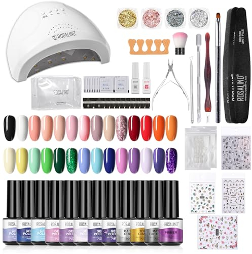 ROSALIND Gel Nagellack Starterset mit UV Lampe 48W Gelnägel Set, 28x Mini Farbkleber Nail Art Manicure Nagel Gel Kit mit Base und Top Matte Coat UV Nagellack Weihnachten