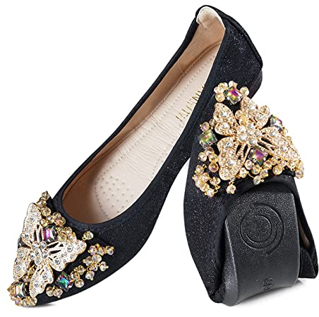 MACHSWON Ballerine da donna pieghevoli arrotolabili per abito da sposa, ballerine con bellissimi strass portatili da donna senza lacci, Nero 1, 42 EU