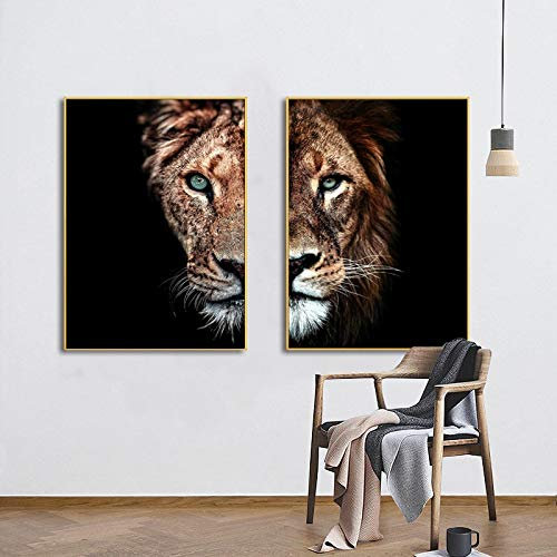 Jianghu Art Männlicher Löwe und Löwin Dekorative Poster und Drucke auf Leinwand Tierbilder für Zimmer Leinwand Gemälde Wandkunst Modern 30x40cm(12x16in) x2 mit Rahmen